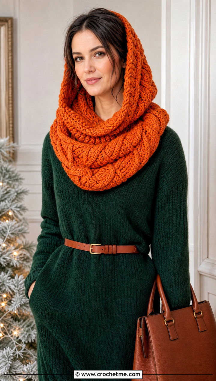 Cable Texture Hooded Crochet Cowl Snood With Sweater Dress - 25 hooded crochet cowl snood outfit ideas