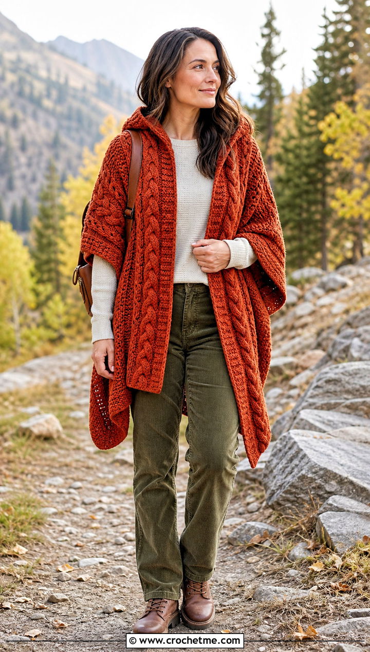 Cable Texture Hooded Crochet Ruana With Corduroy Pants - 20 Hooded Crochet Ruana outfit ideas