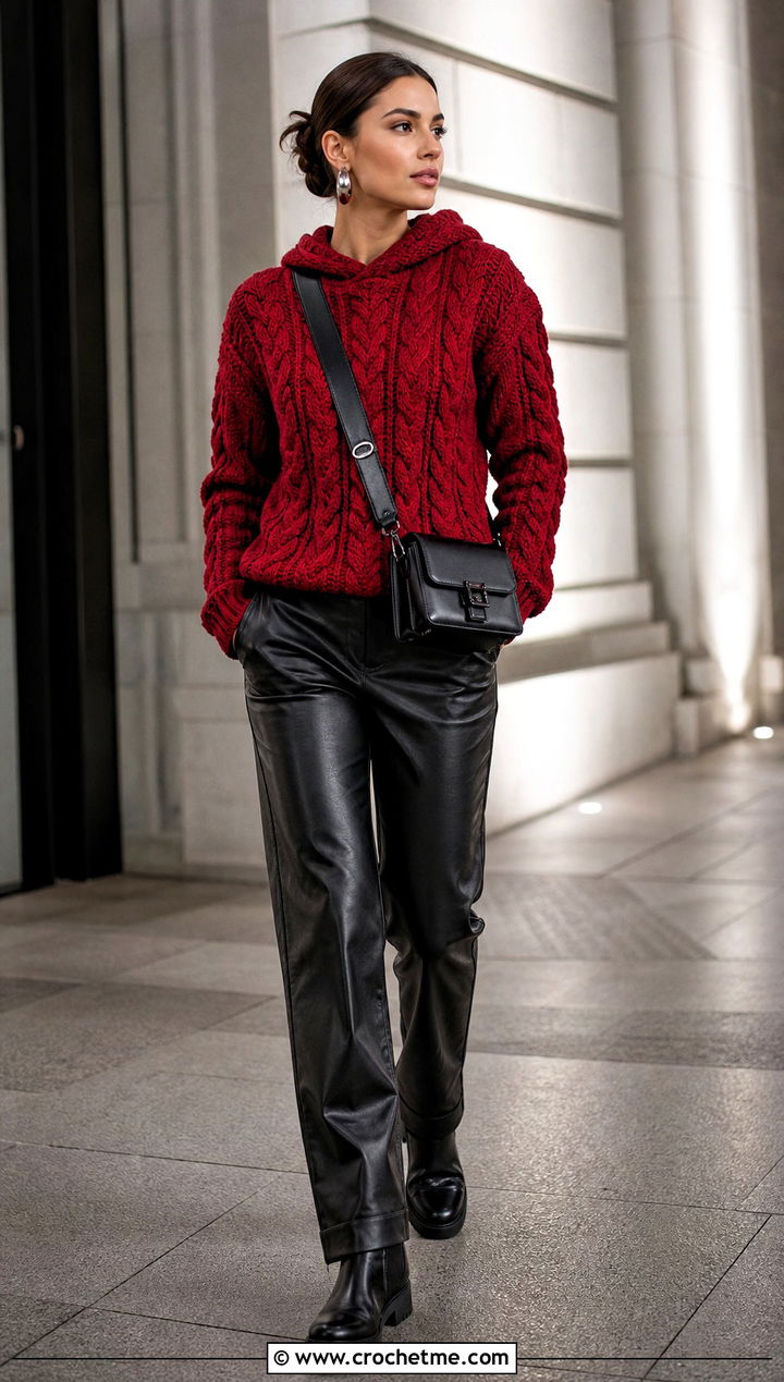 Cable Texture Hooded Crochet Sweater With Leather Pants - 25 Hooded Crochet Sweater outfit ideas