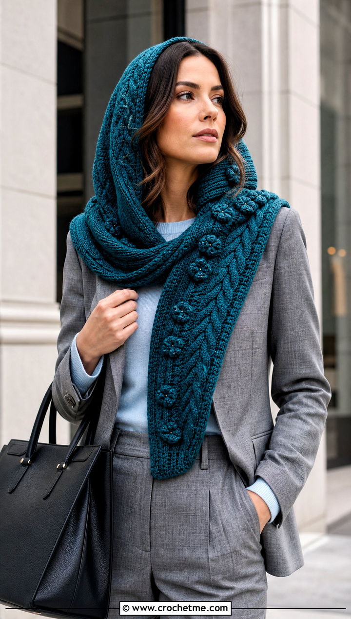 Cable Texture Hooded Scarf With Trouser Suit - 25 Crochet Hoodie Scarf outfit ideas