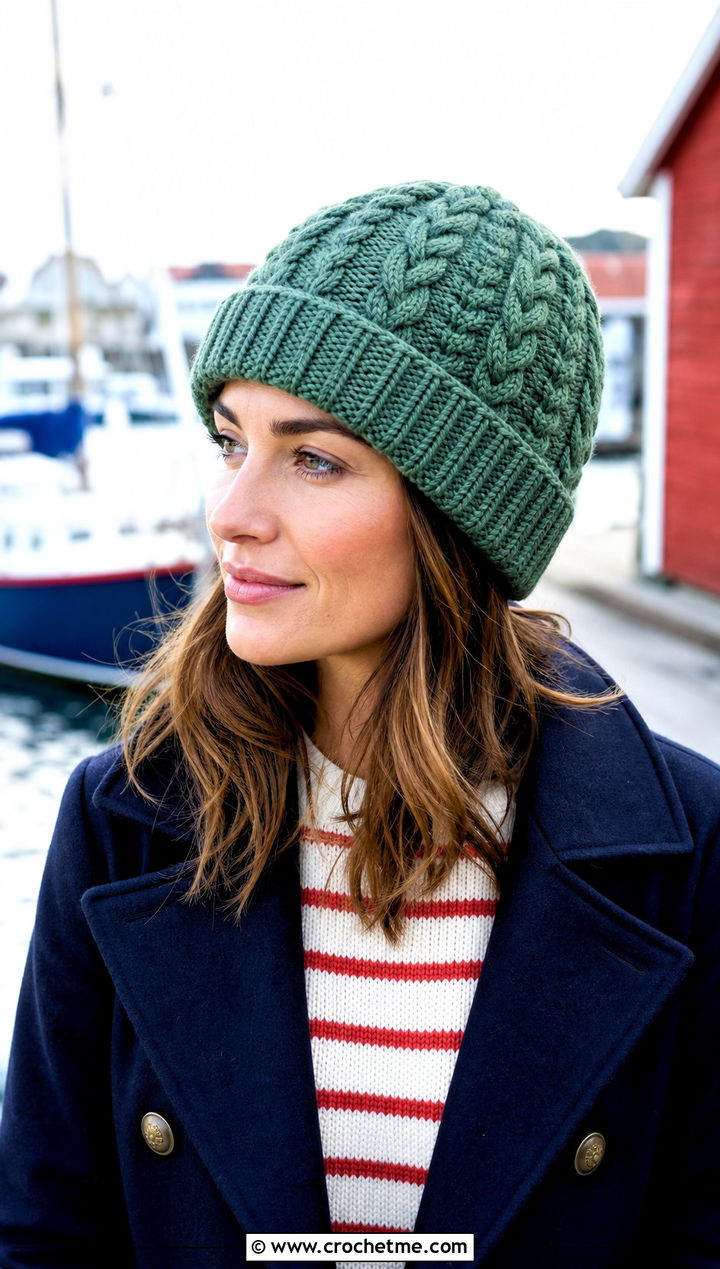 Cable Texture Magic Circle Crochet Beanie With Peacoat - 25 Crochet Beanie Magic Circle outfit ideas