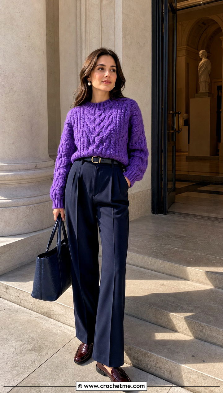 Cable Texture Mcdreamy Crochet Sweater With Pleated Trousers - 15 Mcdreamy Crochet Sweater outfit ideas