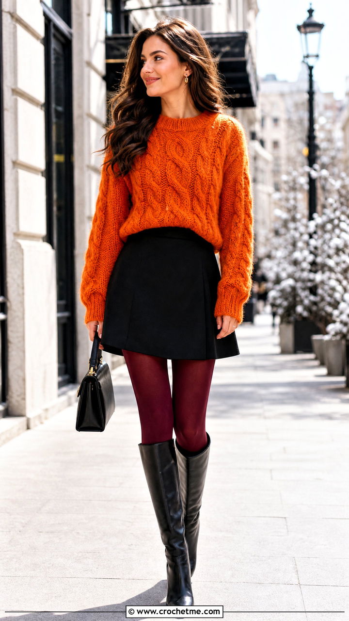 Cable Texture Mohair Crochet Sweater With A Line Mini Skirt - 35 mohair crochet sweater outfit ideas