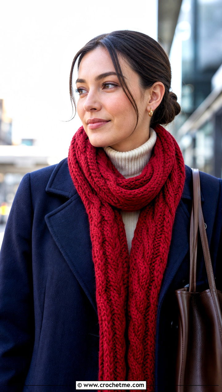 Cable Texture One Row Repeat Crochet Scarf With Peacoat - 20 one row repeat crochet scarf outfit ideas