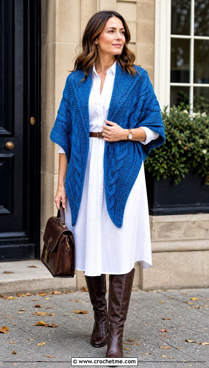 Cable Texture Outlander Shawl With Shirt Dress - 35 crochet outlander shawl outfit ideas