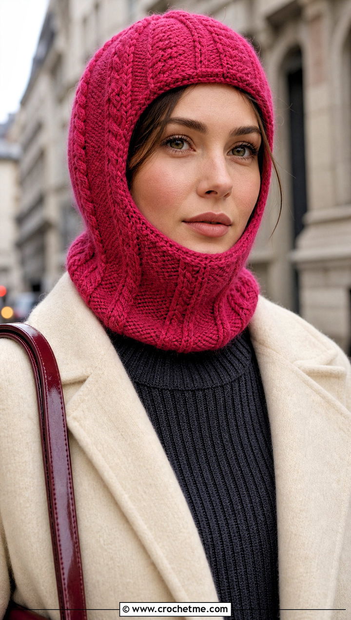 Cable Texture Pink Crochet Balaclava With Sweater Dress - 25 Pink Crochet Balaclava outfit ideas