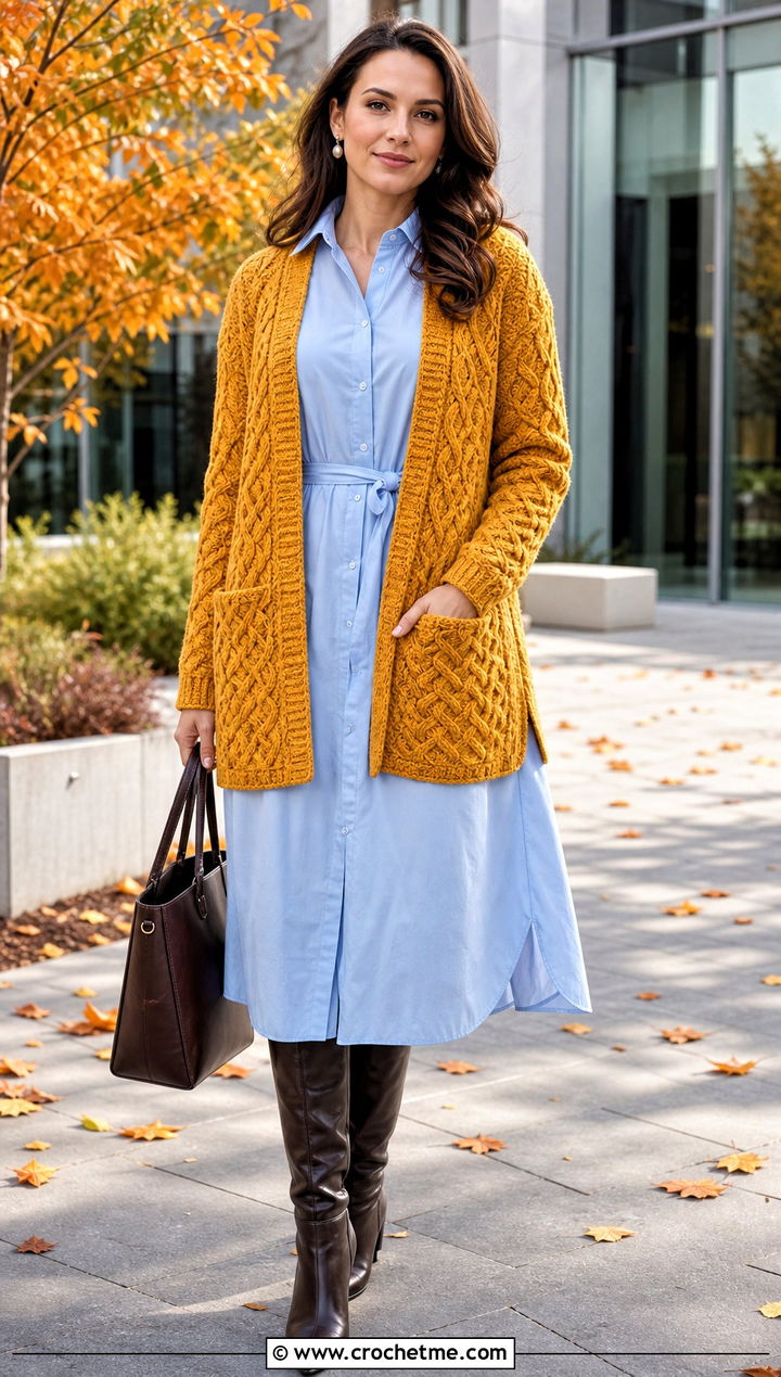 Cable Texture Pocket Crochet Cardigan With Shirt Dress - 25 crochet sweater with pockets outfit ideas