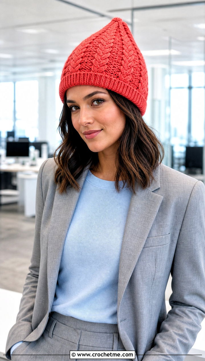 Cable Texture Pointy Crochet Beanie With Office Suit - 25 pointy crochet hat outfit ideas