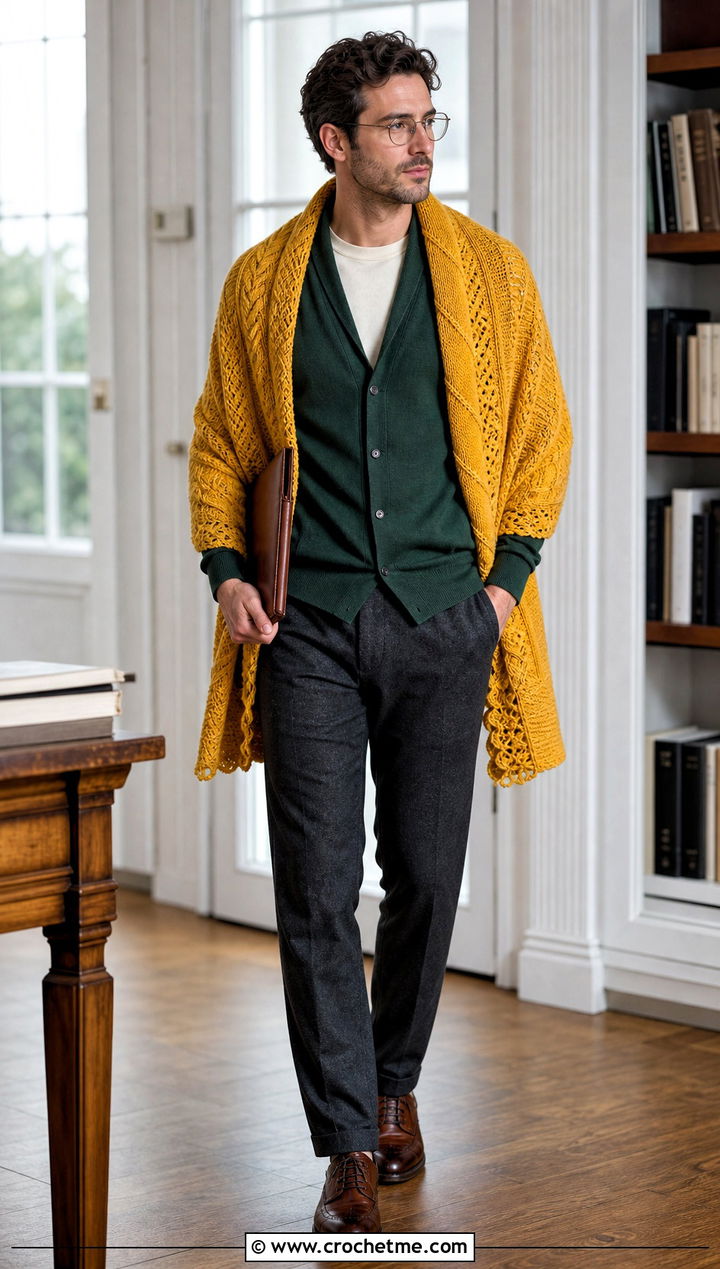 Cable Texture Prayer Shawl With Cardigan And Wool Trousers - 20 Mens Crochet Prayer Shawl outfit ideas