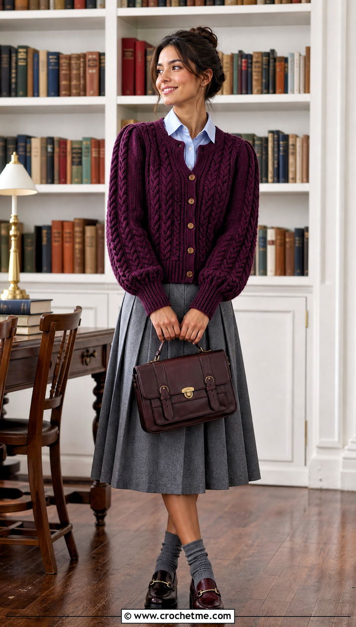 Cable Texture Puff Sleeve Crochet Cardigan With Pleated Midi Skirt - 25 Puff Sleeve Crochet Cardigan outfit ideas