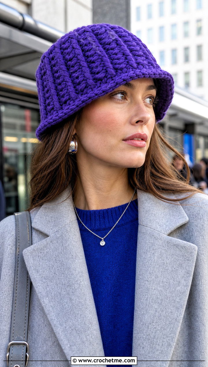 Cable Texture Purple Crochet Bucket Hat With Long Coat - 30 purple crochet bucket hat outfit ideas