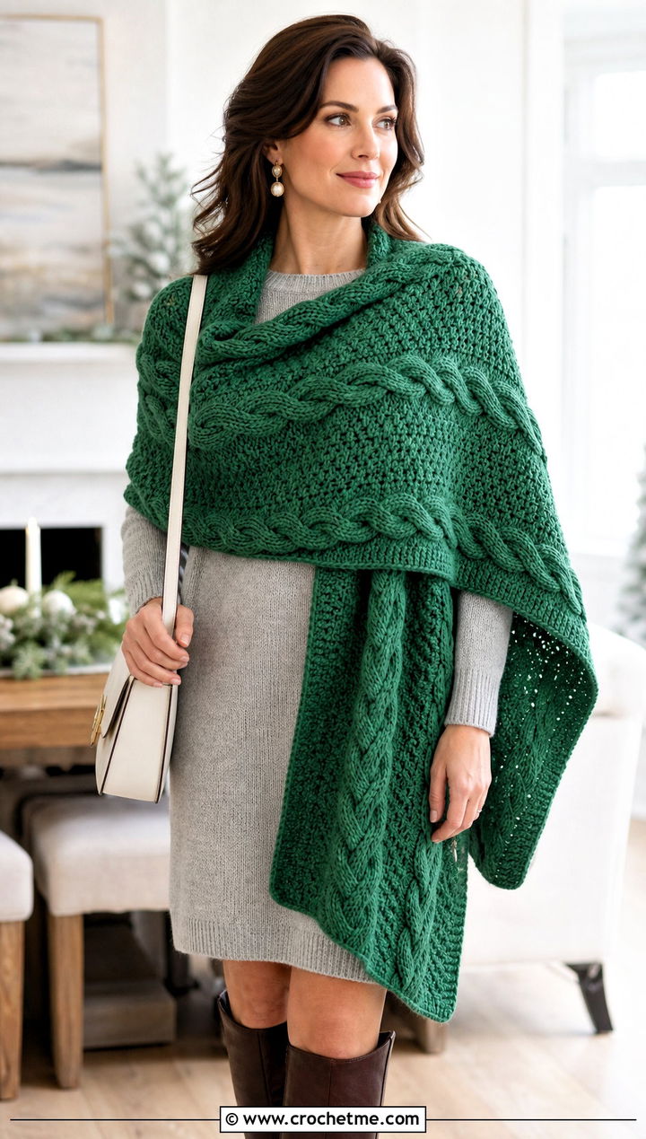 Cable Texture Rectangle Shawl With Sweater Dress - 25 Easy Crochet Rectangle Shawl outfit ideas