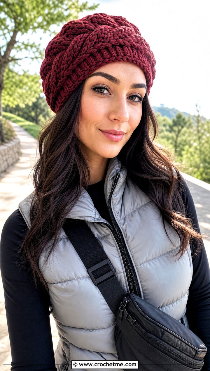 Cable Texture Red Crochet Beret With Puffer Vest - 15 red crochet beret outfit ideas