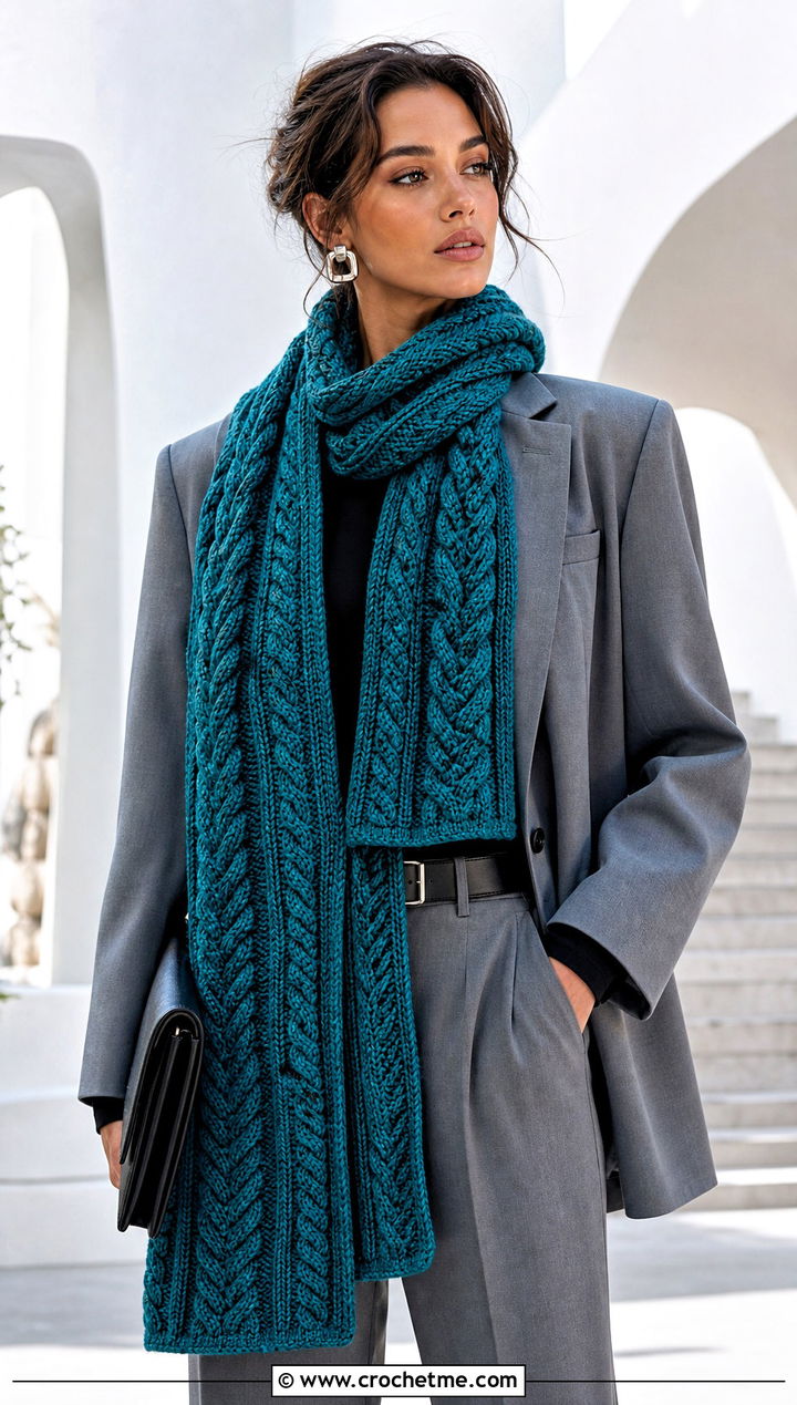 Cable Texture Sampler Scarf With Oversized Suit - 20 Crochet Stitch Sampler Scarf outfit ideas