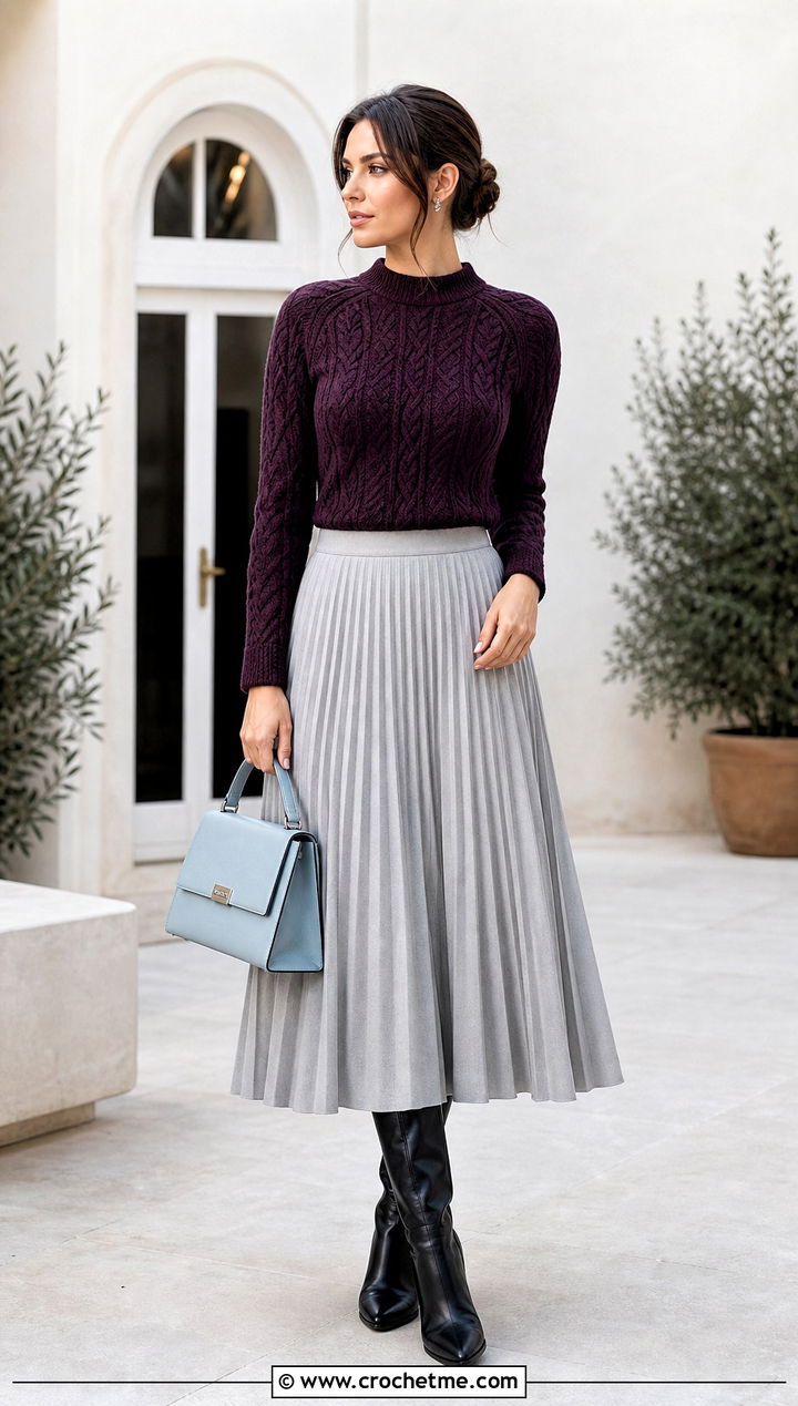 Cable Texture Seamless Crochet Sweater With Pleated Skirt - 25 Seamless Crochet Sweater outfit ideas