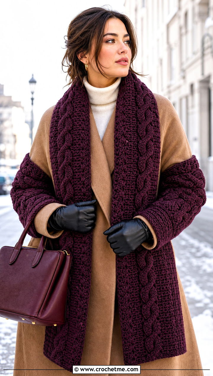 Cable Texture Sleeved Crochet Scarf With Wool Coat - 25 Sleeved Crochet Scarf outfit ideas
