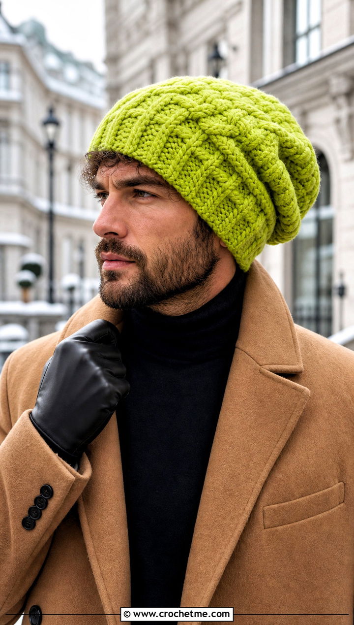Cable Texture Slouch Crochet Beanie With Wool Coat - 20 Mens Slouch Crochet Beanie outfit ideas