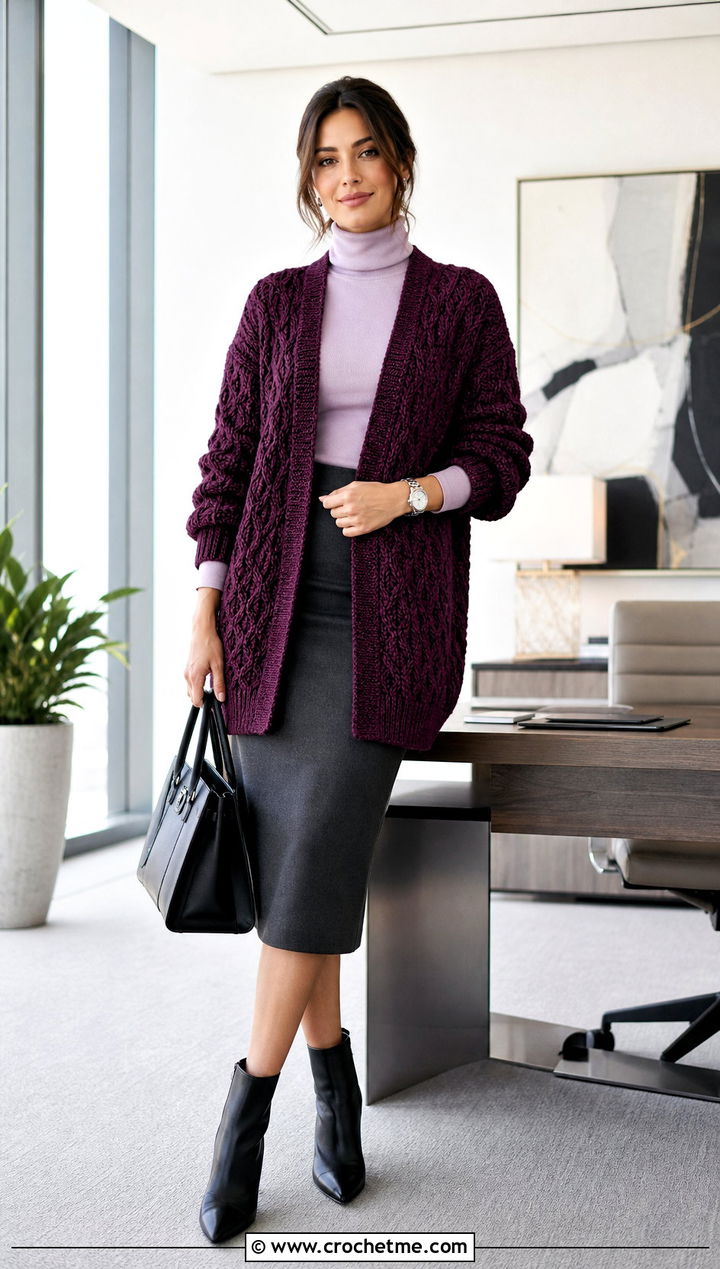 Cable Texture Slouchy Crochet Cardigan With A Pencil Skirt - 25 Slouchy Crochet Cardigan outfit ideas