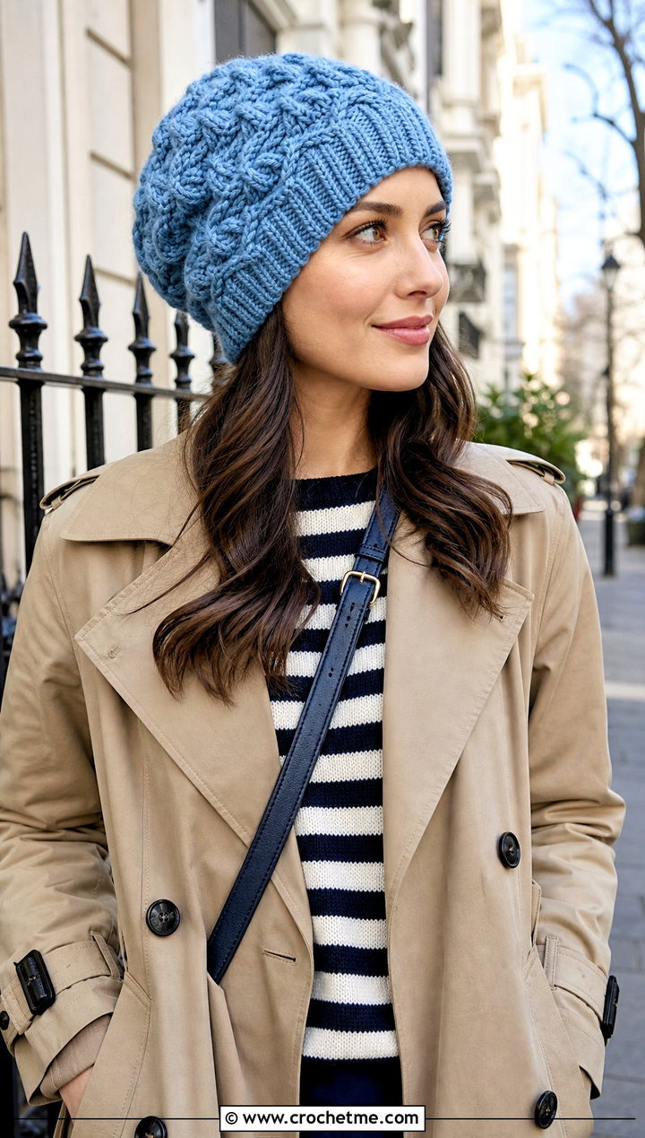 Cable Texture Slouchy Crochet Hat With Trench Coat - 15 Slouchy Crochet Hat outfit ideas