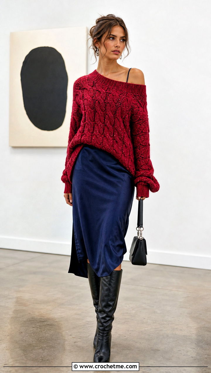Cable Texture Slouchy Crochet Sweater With Slip Dress - 25 slouchy crochet sweater outfit ideas