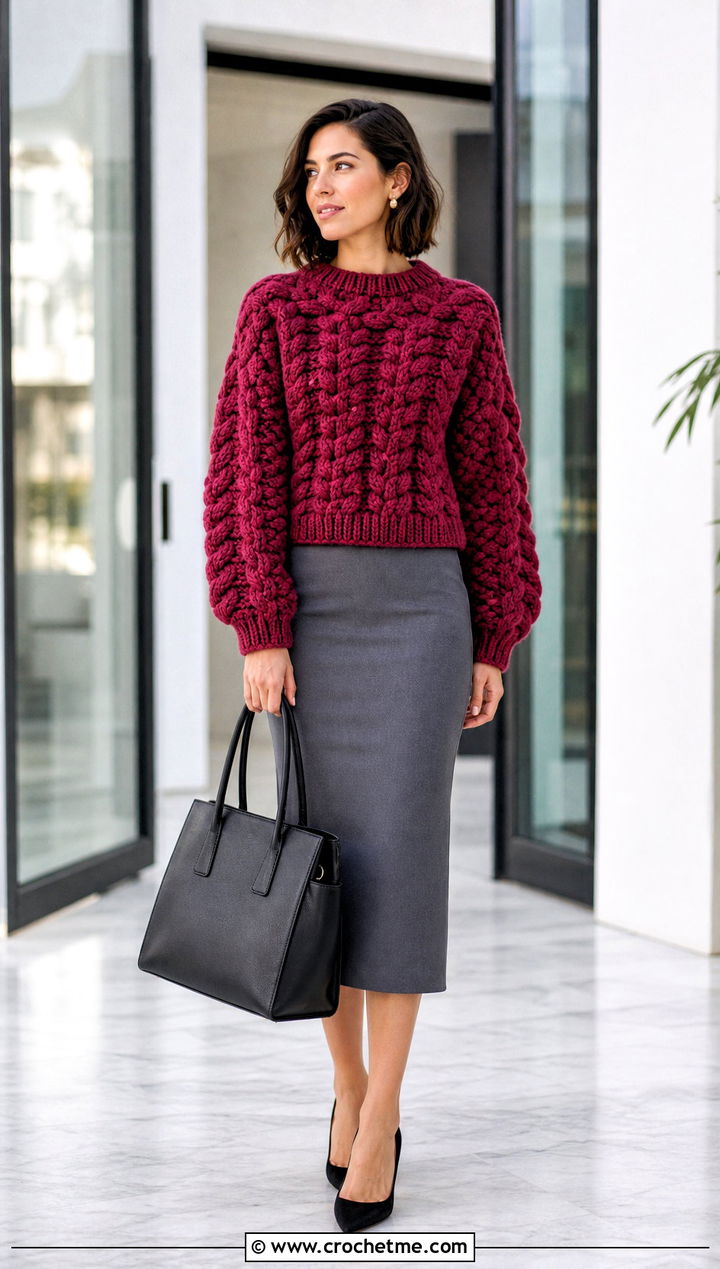 Cable Texture Super Bulky Crochet Sweater With Pencil Skirt - 25 Super Bulky Crochet Sweater outfit ideas
