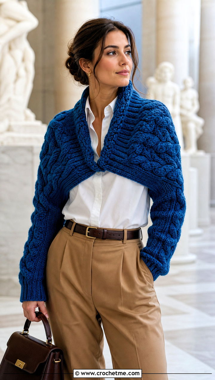 Cable Texture Sweater Scarf With Pleated Trousers - 15 Crocheted Sweater Scarf With Sleeves outfit ideas