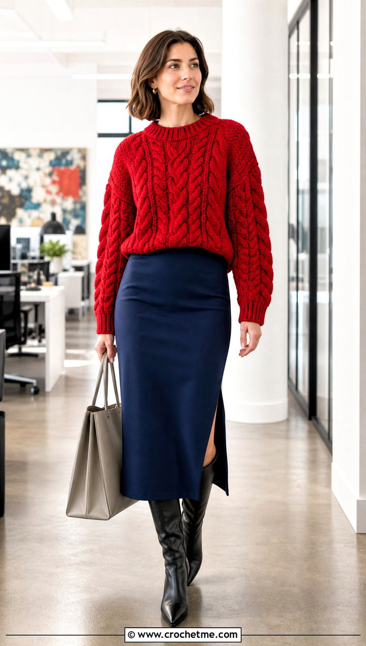 Cable Texture Thick Yarn Crochet Sweater With Pencil Skirt - 25 thick yarn crochet sweater outfit ideas