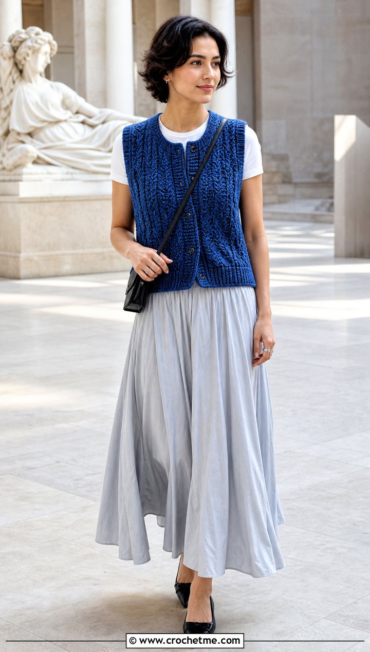 Cable Texture Tunisian Crochet Sweater Vest With Maxi Skirt - 25 tunisian crochet sweater vest outfit ideas