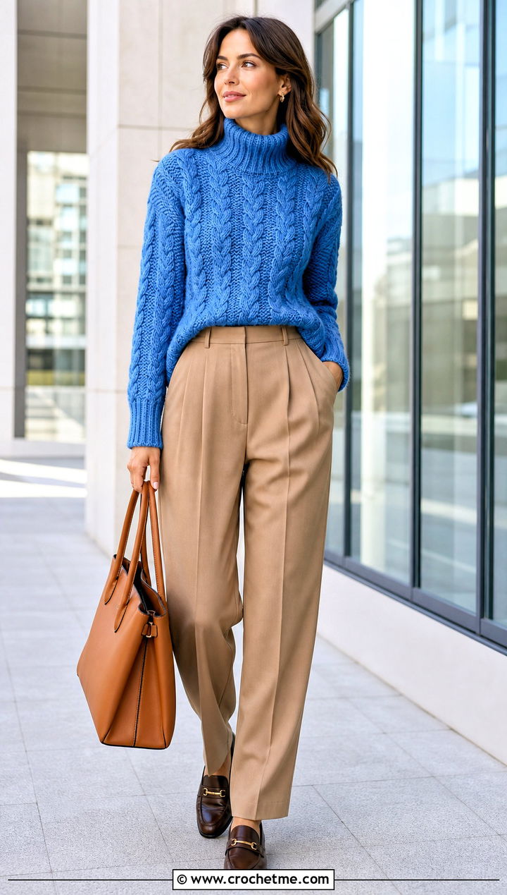 Cable Texture Turtleneck Crochet Sweater With Pleated Trousers - 30 crochet high neck sweater outfit ideas