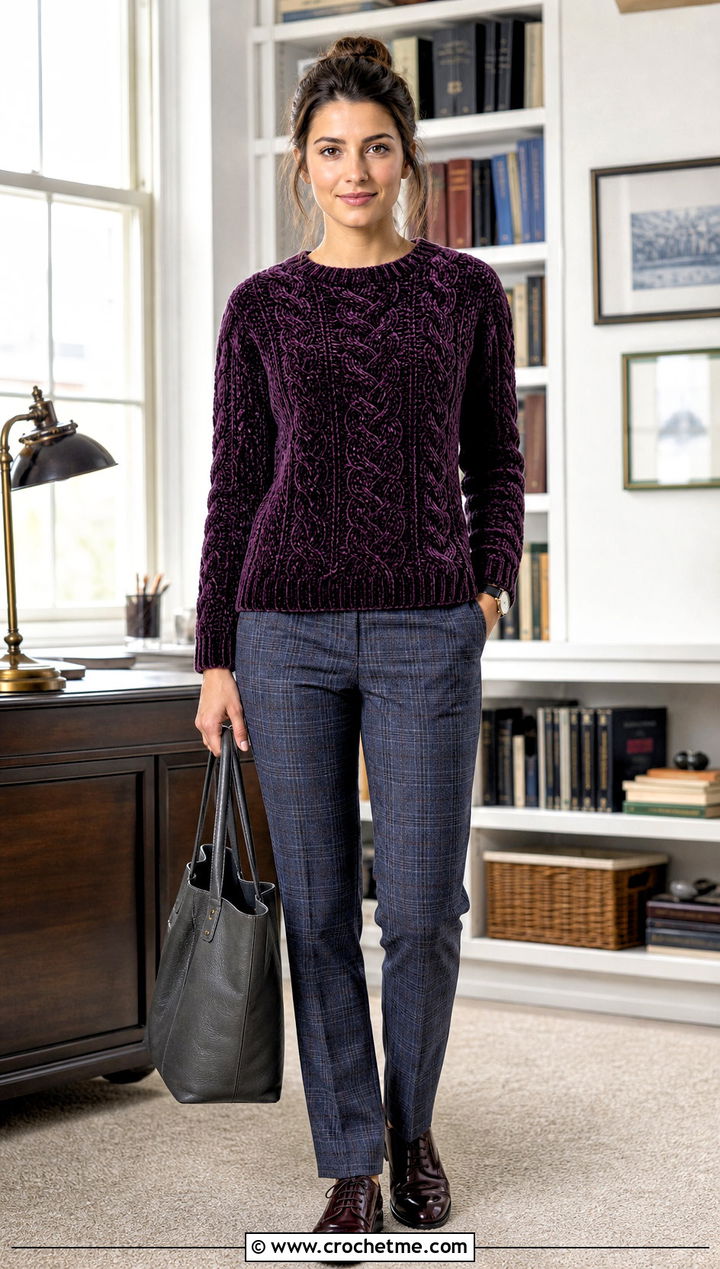 Cable Texture Velvet Crochet Sweater With Plaid Pants - 30 velvet crochet sweater outfit ideas
