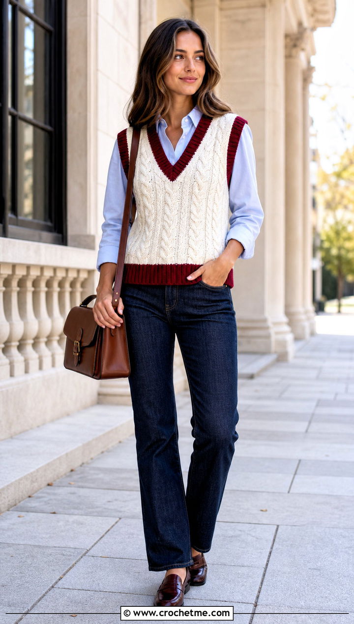 Cable Texture White Crochet Vest With Oxford Shirt - 35 white crochet vest outfit ideas
