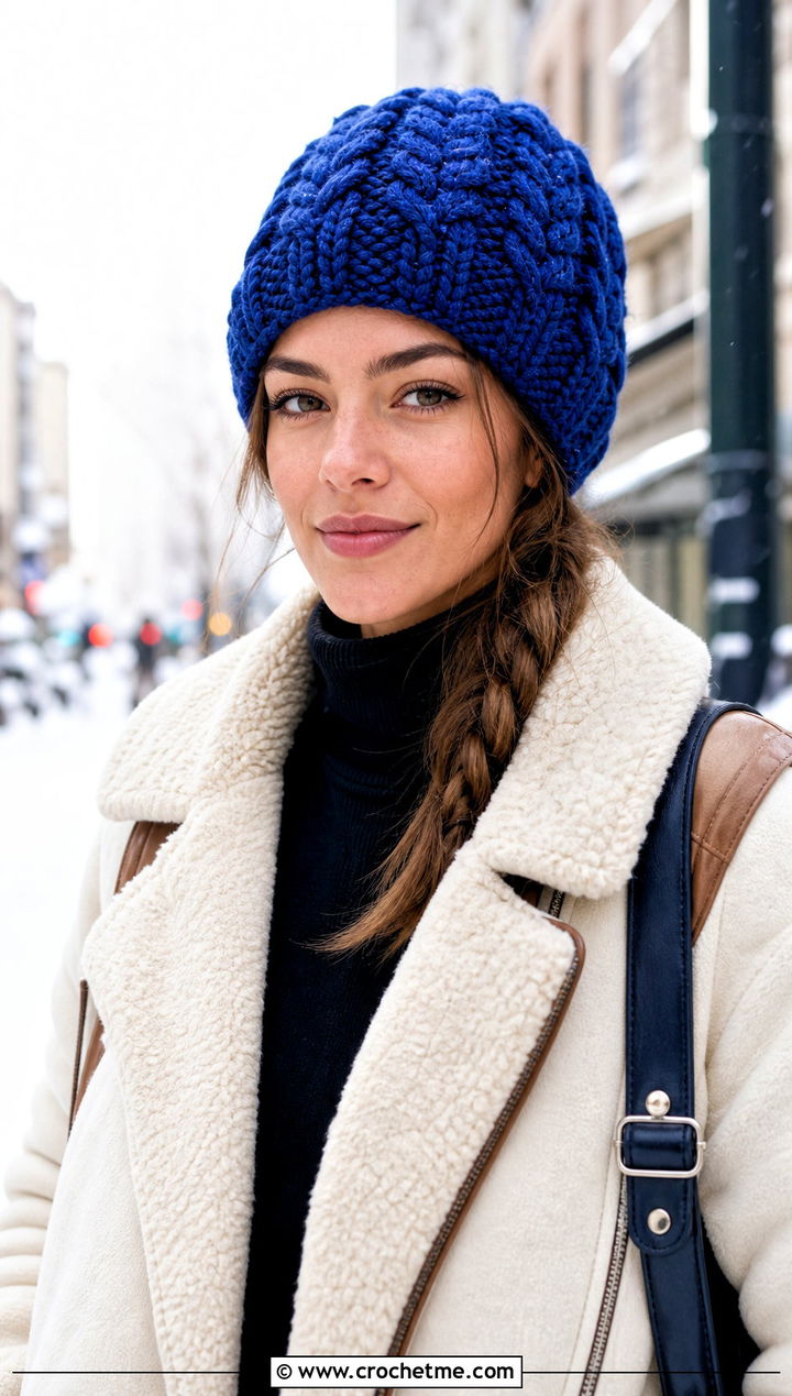 Cable Texture Wool Crochet Beanie With Shearling Jacket - 25 Wool Crochet Hat outfit ideas