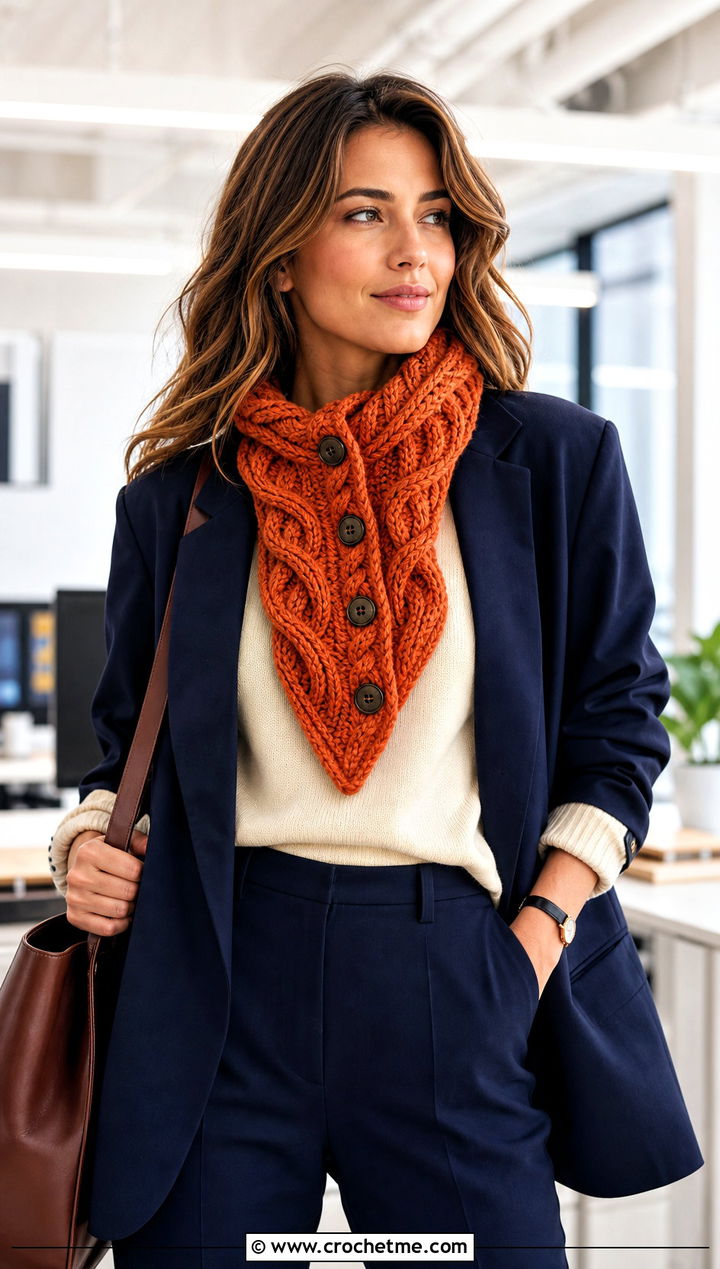 Cable Textured Button Cowl With Blazer And Trousers - 25 crochet button cowl outfit ideas