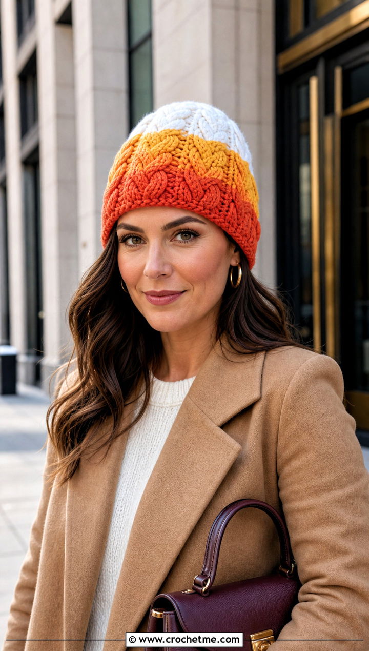 Cable Textured Candy Corn Crochet Beanie With Wide Leg Trousers - 15 candy corn crochet beanie outfit ideas