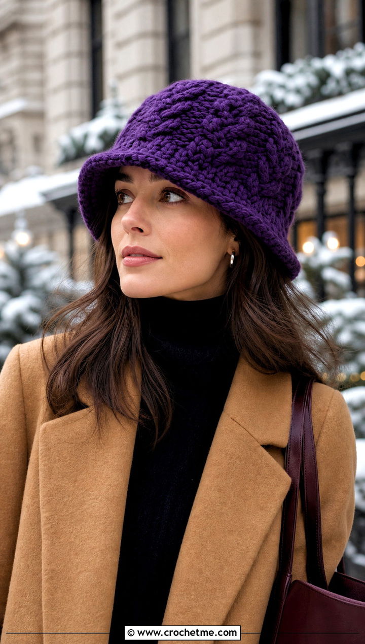 Cable Textured Chunky Bucket Hat With Wool Coat - 30 crochet chunky bucket hat outfit ideas