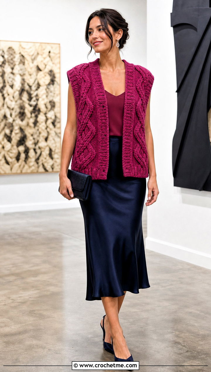 Cable Textured Chunky Crochet Vest With Satin Skirt - 25 Chunky Crochet Vest outfit ideas