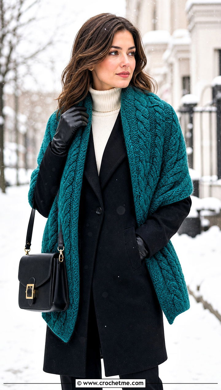 Cable Textured Chunky Shawl With Wool Coat - 25 Crochet Chunky Shawl outfit ideas