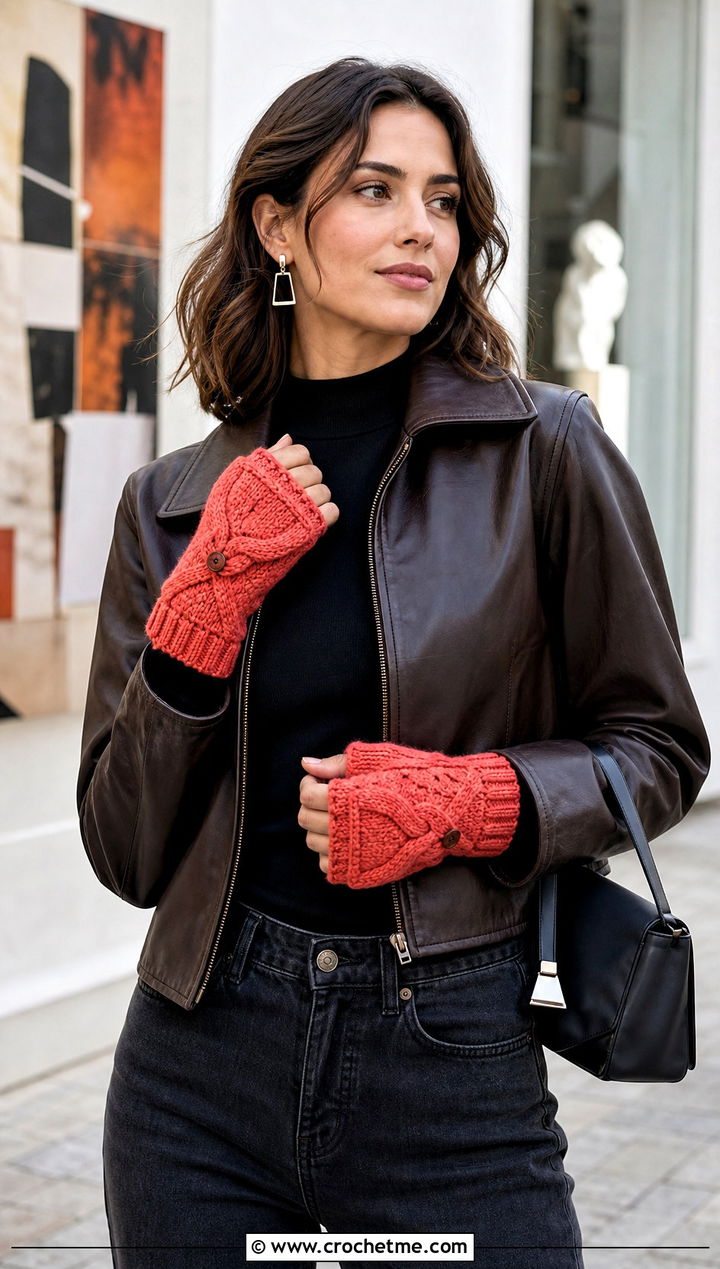 Cable Textured Convertible Crochet Fingerless Mittens With Leather Jacket - 20 Convertible Crochet Fingerless Mittens outfit ideas