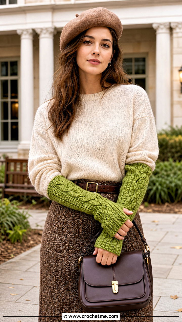 Cable Textured Crochet Arm Warmers With Tweed Skirt - 15 crochet arm warmers vintage-styled outfit ideas