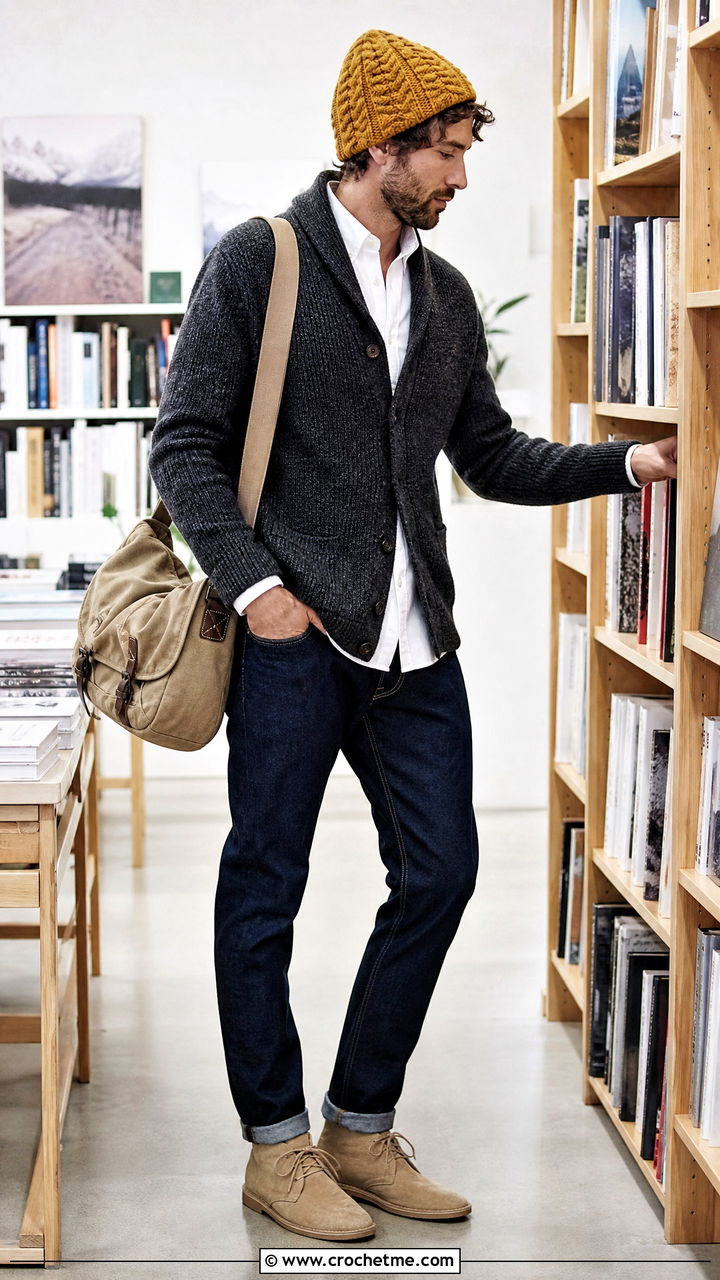 Cable Textured Crochet Beanie With Cardigan - 35 men's crochet beanie outfit ideas