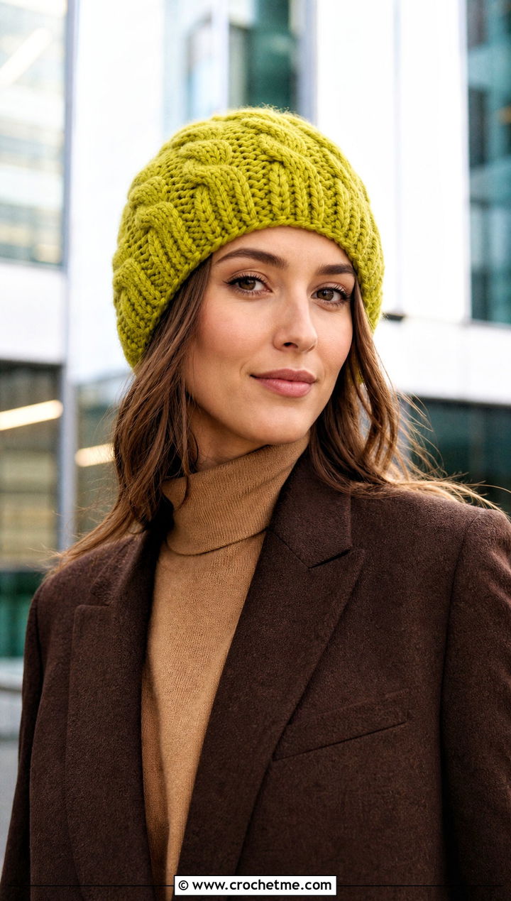 Cable Textured Crochet Beanie With Wool Blazer - 15 crochet beany hat outfit ideas