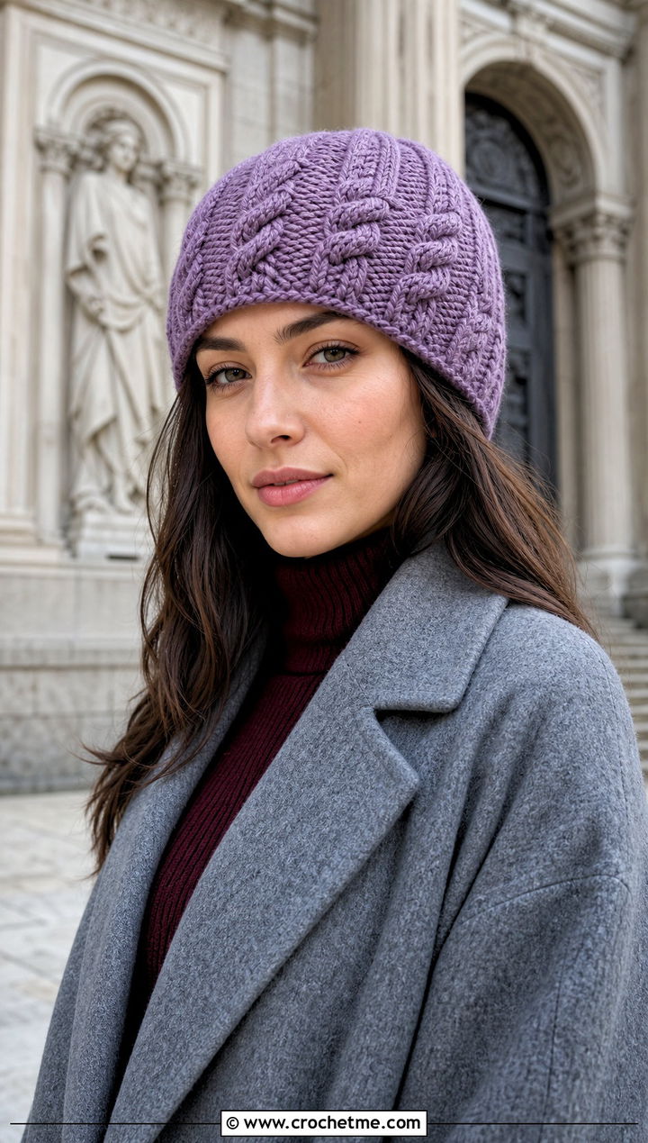 Cable Textured Crochet Beanie With Wool Coat - 25 Fall Crochet Beanie outfit ideas