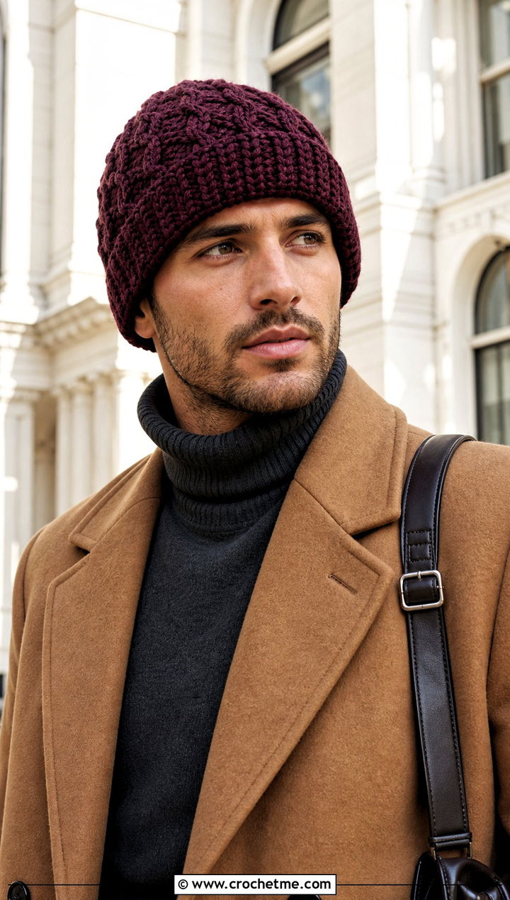 Cable Textured Crochet Beanie With Wool Overcoat - 25 easy men's crochet beanie outfit ideas