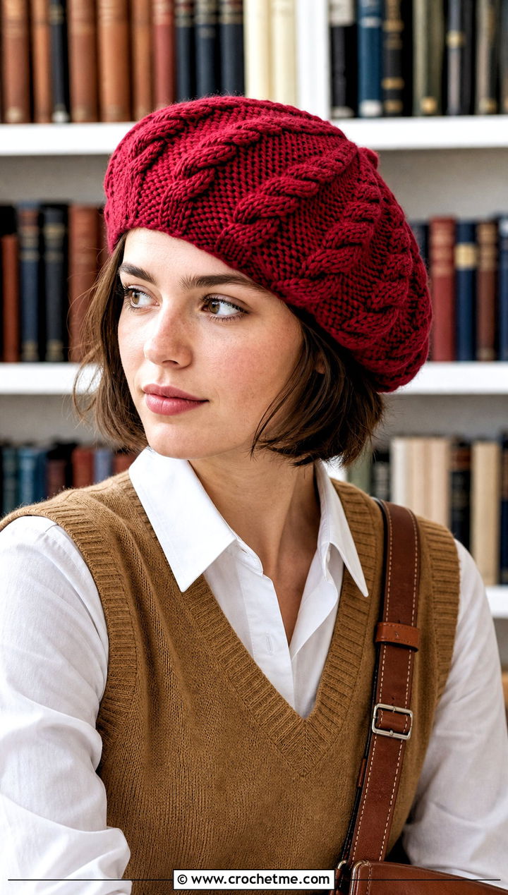 Cable Textured Crochet Beret With Sweater Vest And Pleated Skirt - 15 Womens Crochet Beret outfit ideas
