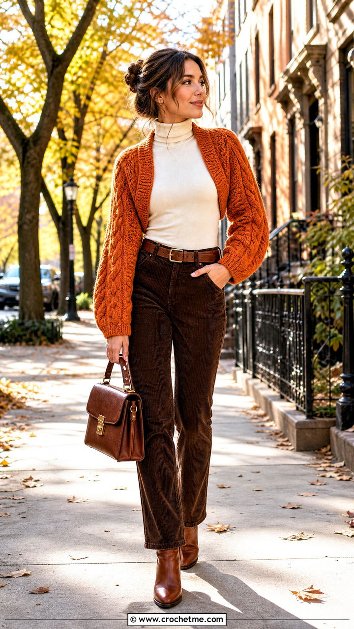 Cable Textured Crochet Bolero With Corduroy Pants - 35 crochet shrug bolero outfit ideas
