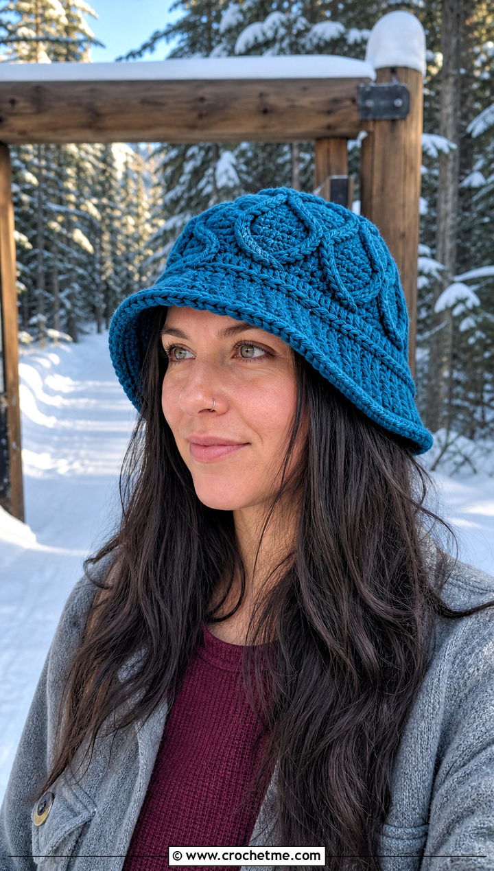 Cable Textured Crochet Bucket Hat With Wool Shacket - 35 crochet winter bucket hat outfit ideas