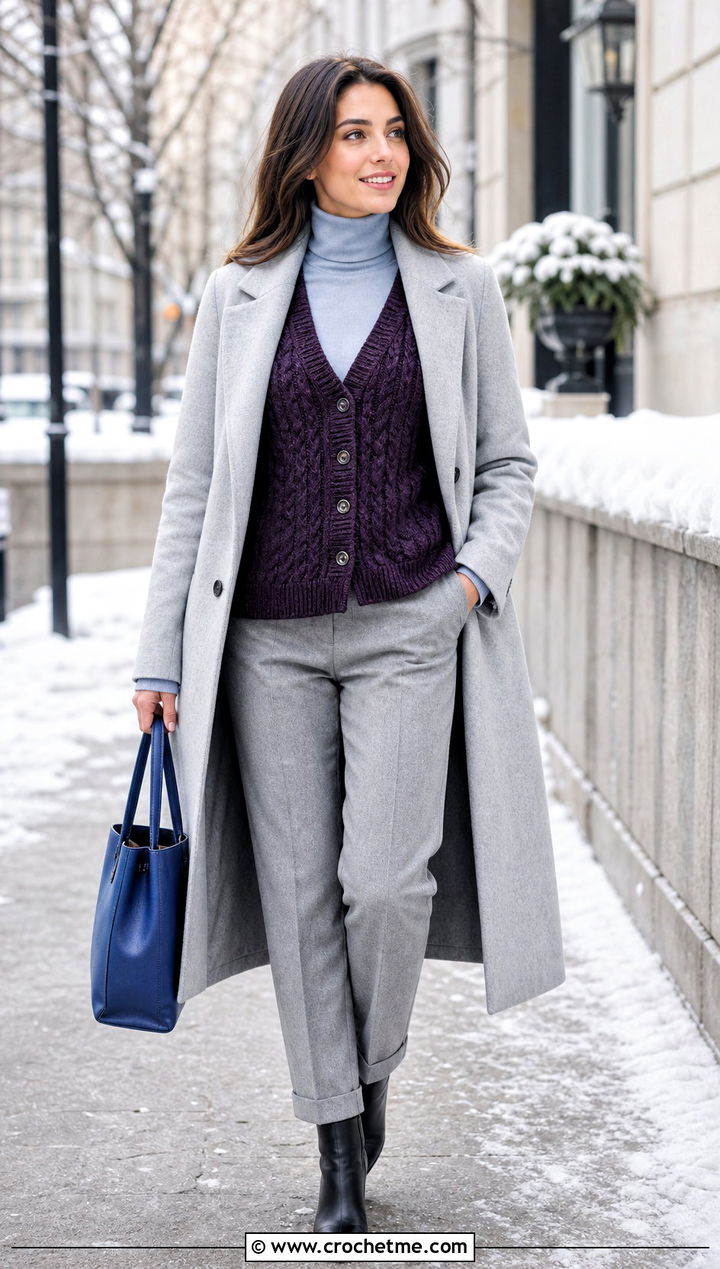 Cable Textured Crochet Button Cardigan With Wool Trousers - 15 crochet sweater with button closure outfit ideas