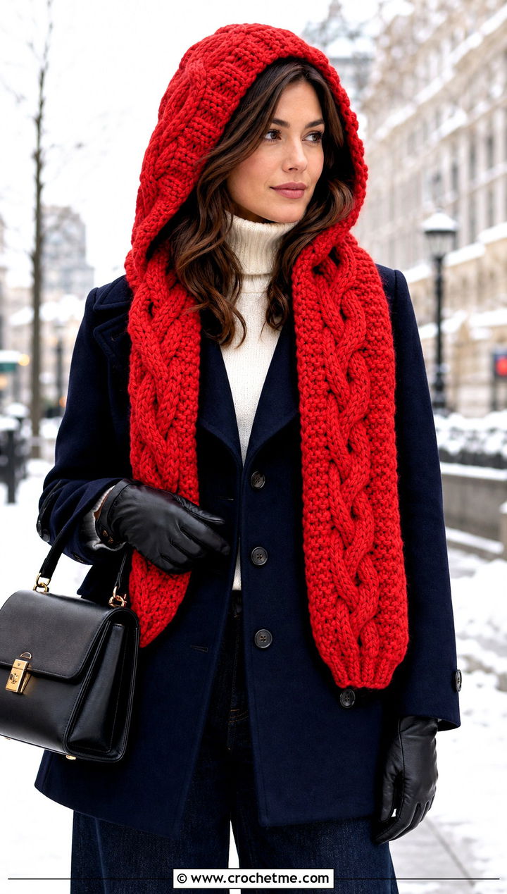 Cable Textured Crochet Cap Scarf With Peacoat - 25 Crochet Cap Scarf outfit ideas