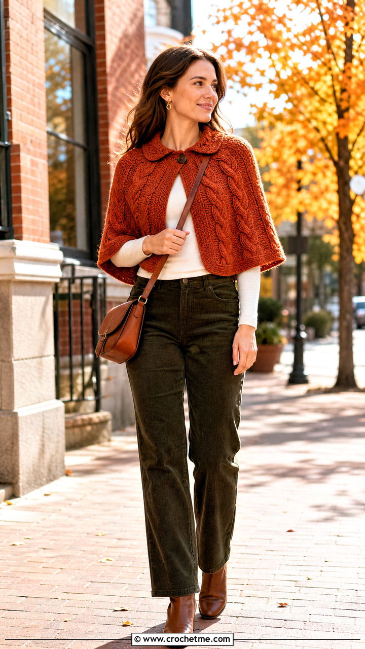 Cable Textured Crochet Capelet With Corduroy Pants - 35 crochet capelet outfit ideas