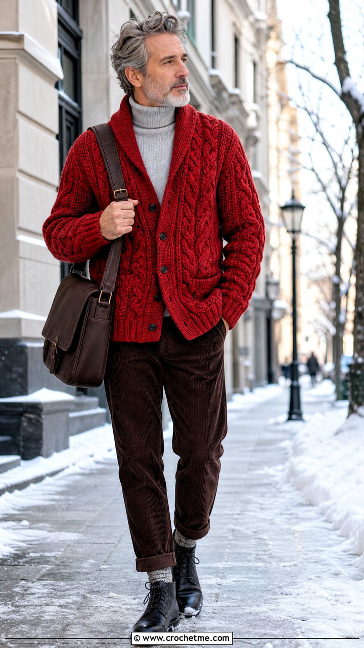 Cable Textured Crochet Cardigan With Corduroy Trousers - 35 crochet cardigan men outfit ideas